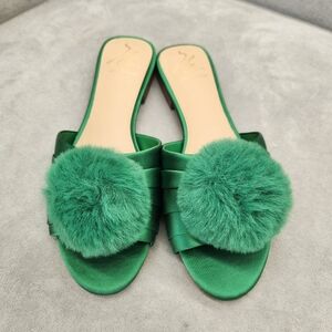 Antonio Melani The Nat Note Dress Slides 9.5 Green Satin Olga Pom Pom New $170L